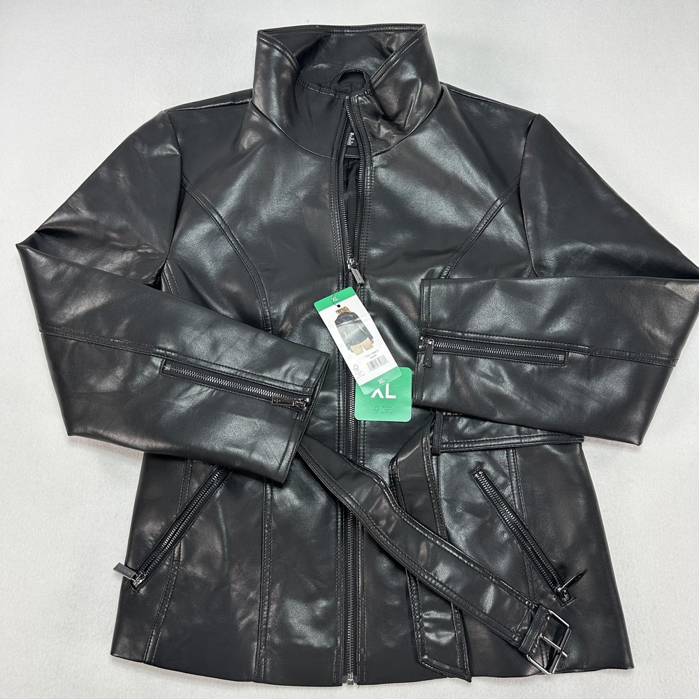 Kenneth Cole Jacket Womens XL Black Faux Leather Belted Full Zip Moto Lined Punk